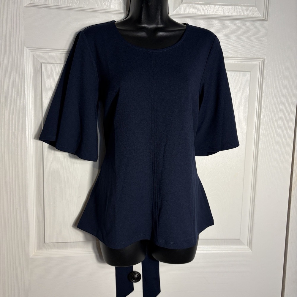Ann Taylor Factory Flared Bell Short Sleeve Shirt Women S Navy Blue Back Tie Top